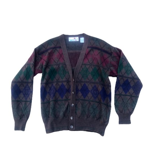 Vtg Italian Brown Argyle Wool Blend V-Neck Cardigan Grandpa Menswear Sweater - Picture 6 of 15